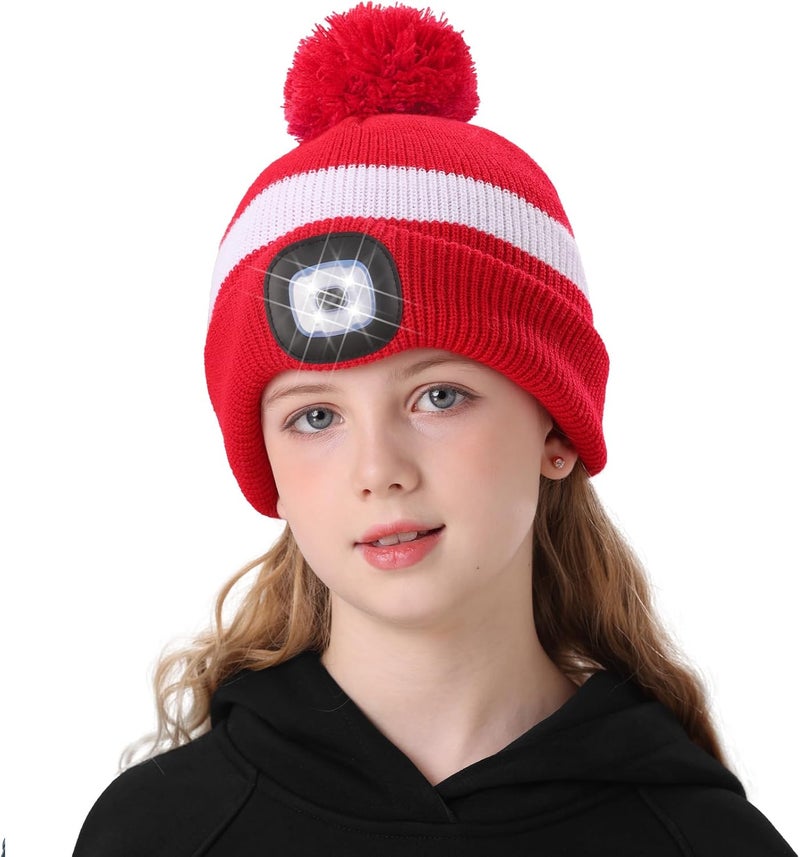 MELASA Hat with Light for Kids, Boys Girls Headlamp Beanie Winter Hat with Pom-Pom, Christmas Stocking Cap Stuffers Gifts - Image 1